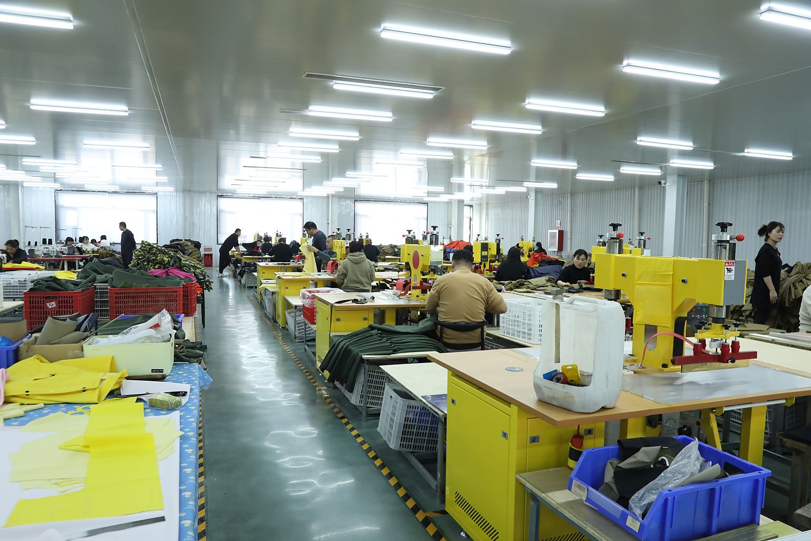 Kwavel waders factory workshop in Tangshan, China — fabric storage and sewing lines