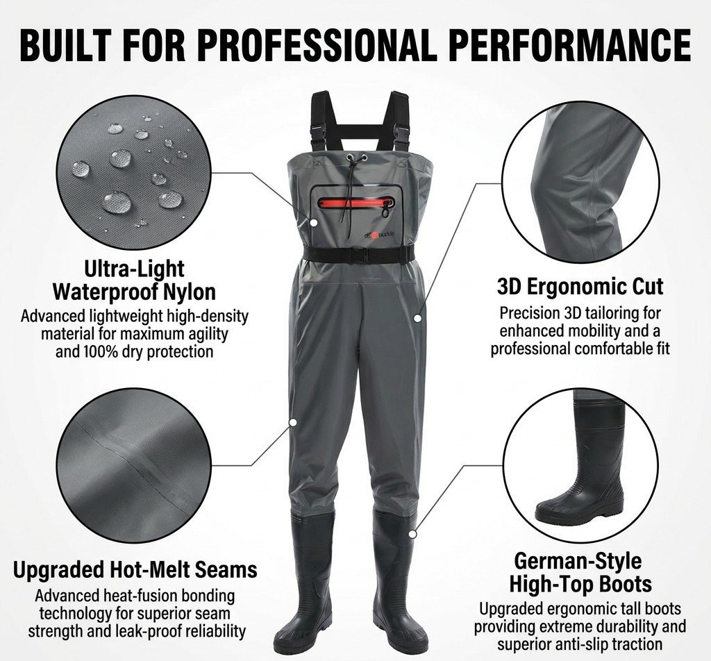 Kwavel nylon chest waders craftsmanship: ultra-light waterproof nylon, 3D ergonomic cut, hot-melt seams, German-style high-top boots