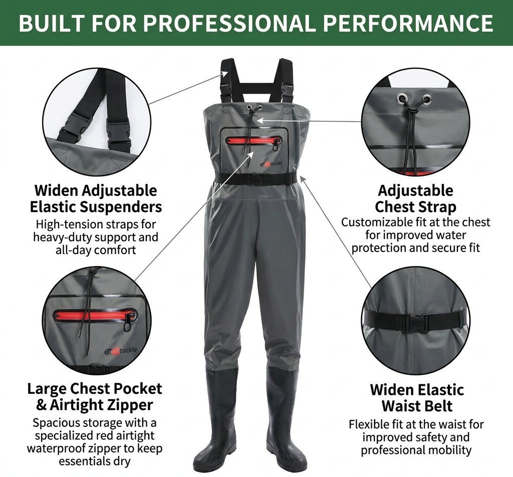 Kwavel nylon chest waders features: adjustable elastic suspenders, chest strap, airtight zipper pocket, elastic waist belt