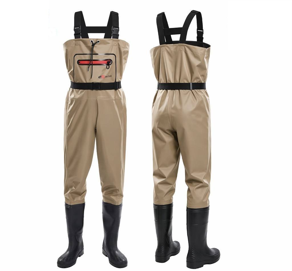 Kwavel lightweight nylon chest waders with airtight zipper chest pocket, khaki waterproof fishing waders