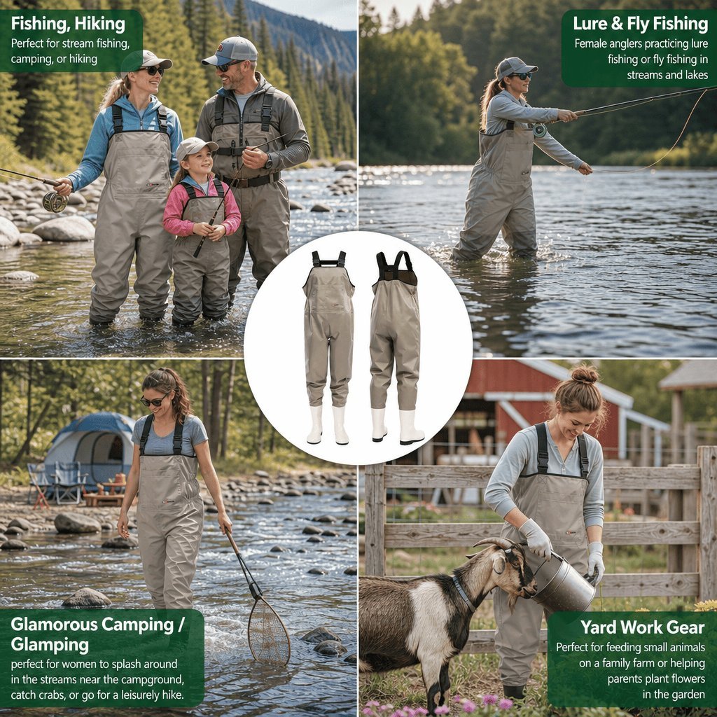 Kwavel women's waders for fishing, fly fishing, glamping and yard work