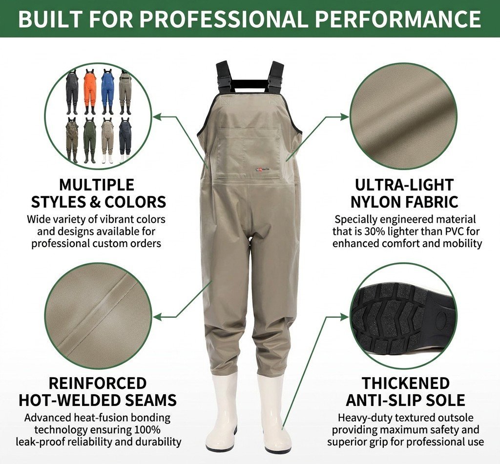 Kwavel women's nylon chest waders craftsmanship: multiple colors, hot-welded seams, thickened anti-slip sole
