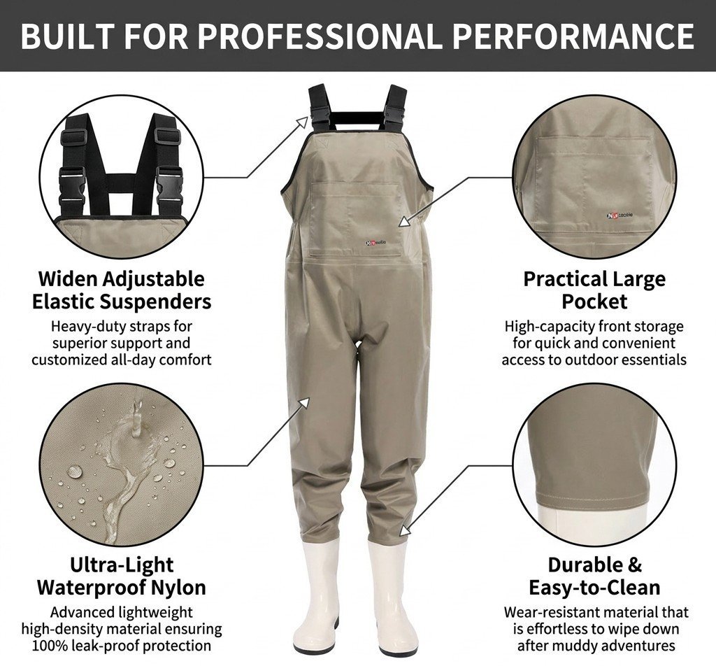Kwavel women's nylon chest waders features: adjustable suspenders, large pocket, ultra-light waterproof nylon, easy to clean