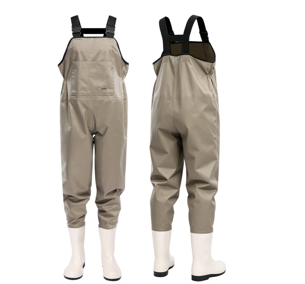 Kwavel women's nylon chest waders with large front pocket, khaki lightweight waterproof waders for female anglers