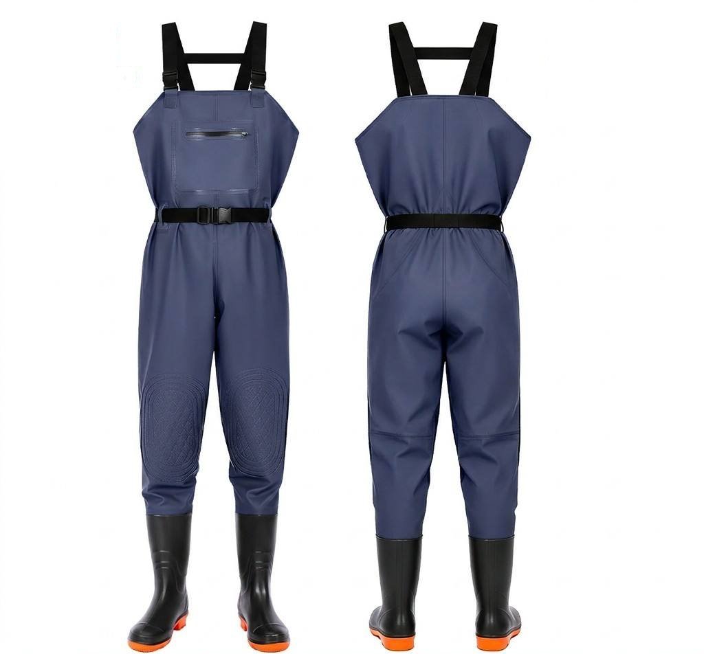 Kwavel PVC chest waders in blue, front and back view