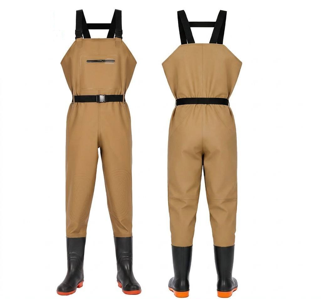 Kwavel PVC chest waders in khaki, front and back view