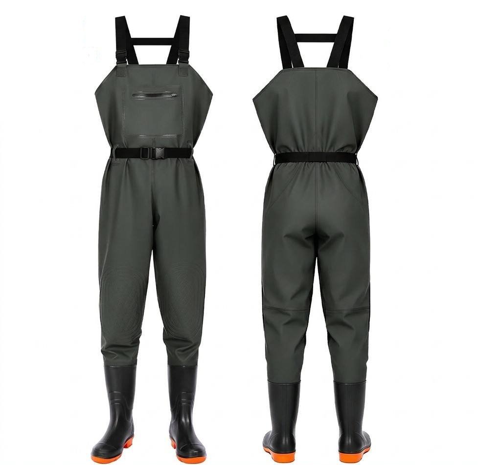 Kwavel PVC chest waders with double reinforced knees, olive waterproof fishing waders