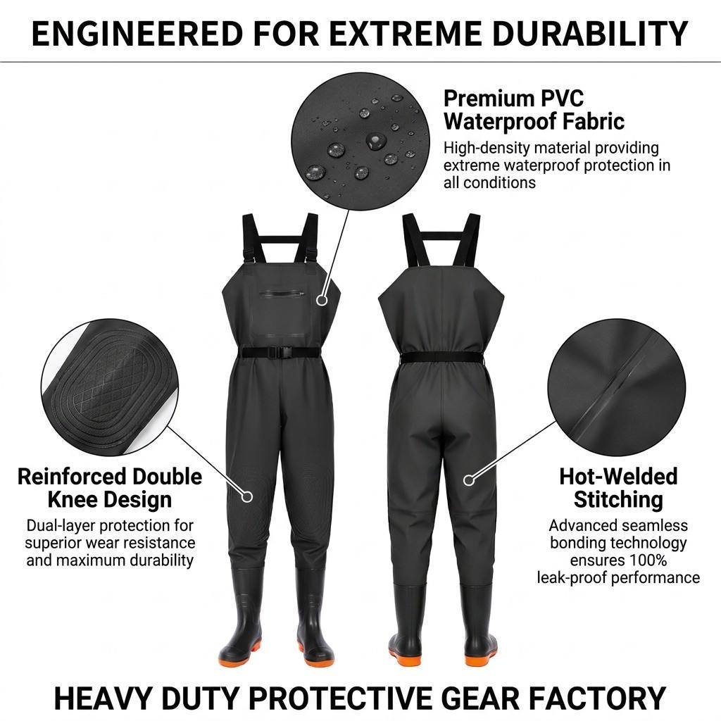 Kwavel PVC waders craftsmanship: premium PVC waterproof fabric, reinforced double knee design, hot-welded stitching