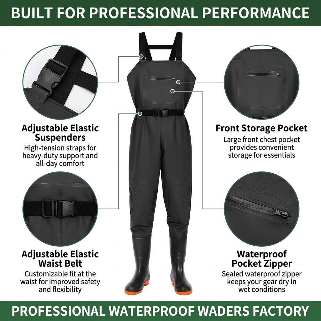 Kwavel PVC chest waders features: adjustable suspenders, waist belt, front storage pocket, waterproof zipper