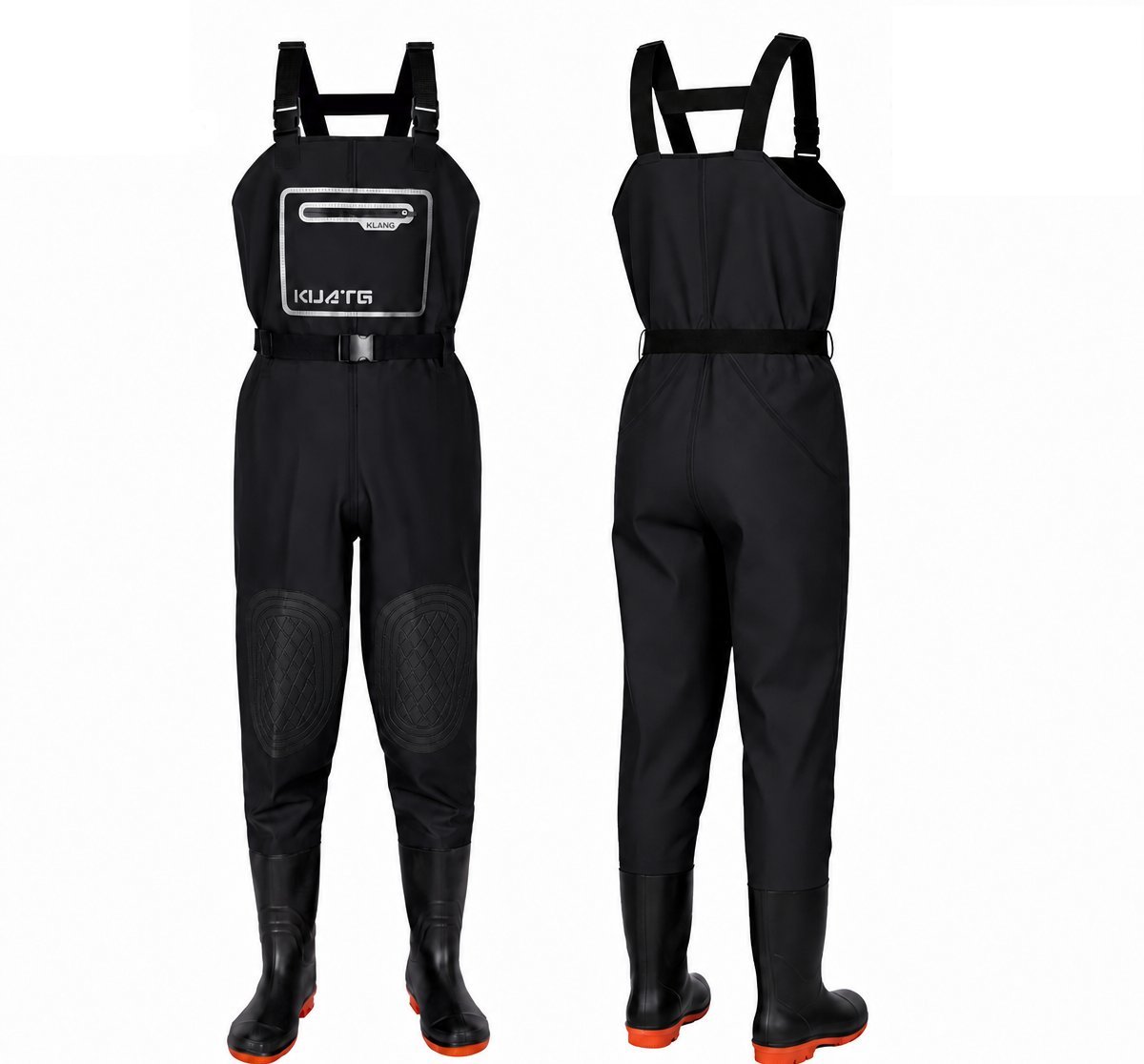 Kwavel PVC chest waders in black, front and back view