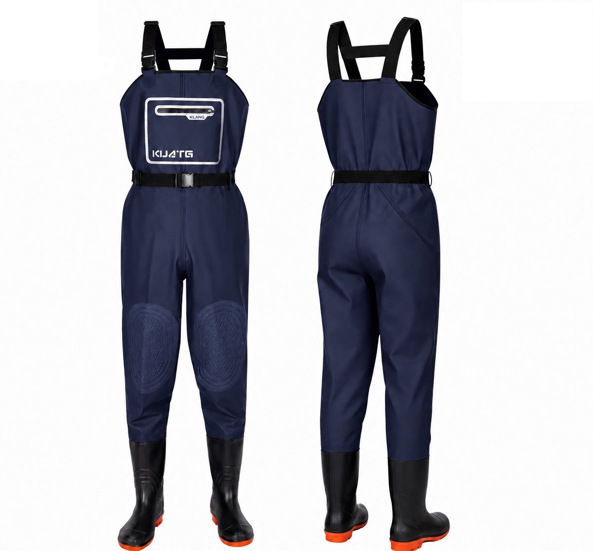 Kwavel PVC chest waders in blue, front and back view