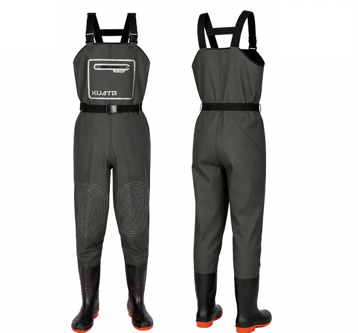 Kwavel PVC chest waders in olive green, front and back view
