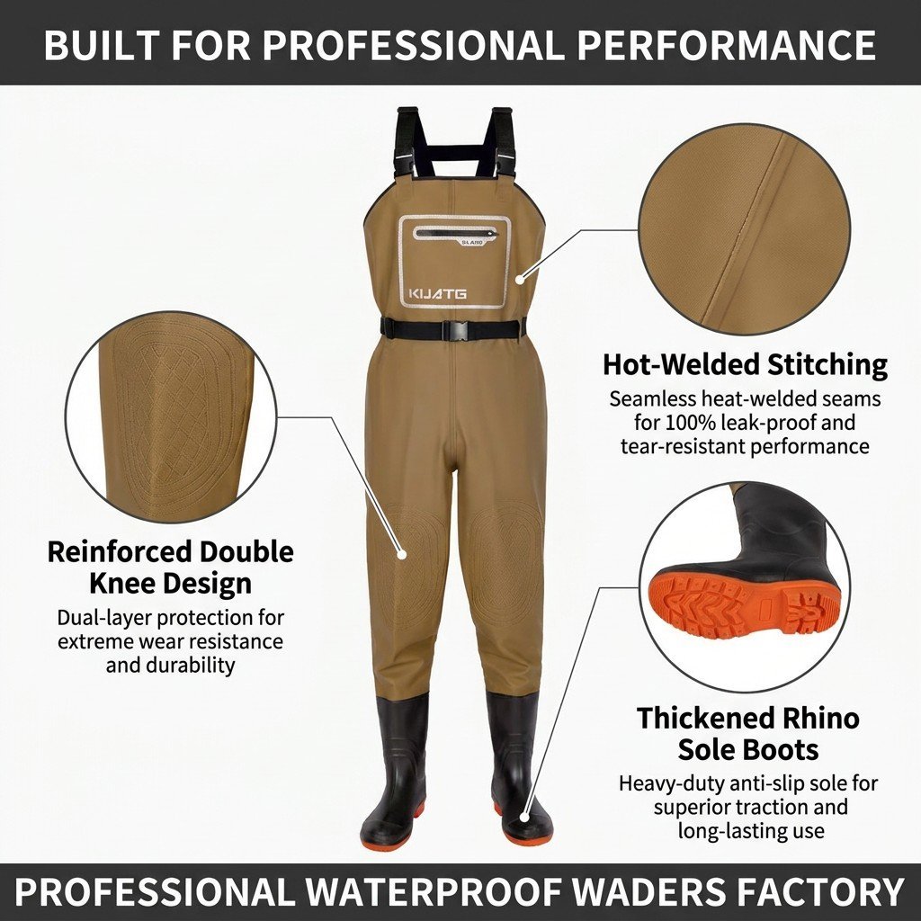 Kwavel PVC waders craftsmanship: reinforced double knee, hot-welded seams, anti-slip boot sole