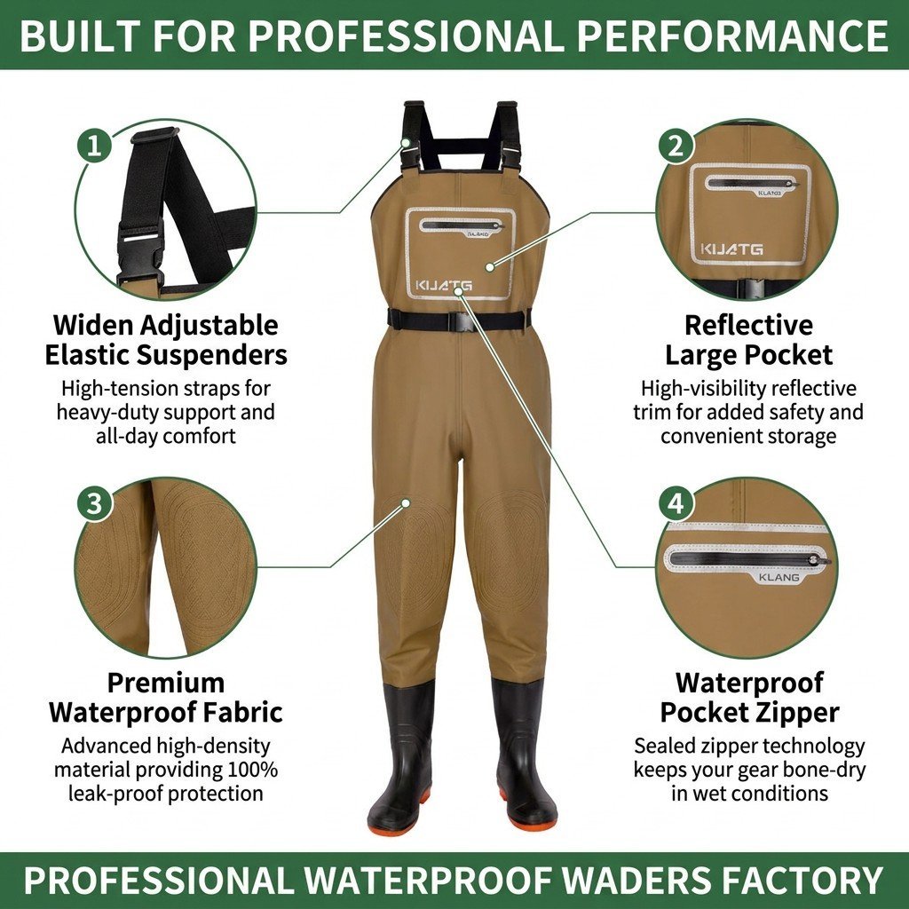 Kwavel PVC chest waders features: adjustable suspenders, reflective pocket, waterproof fabric, sealed zipper