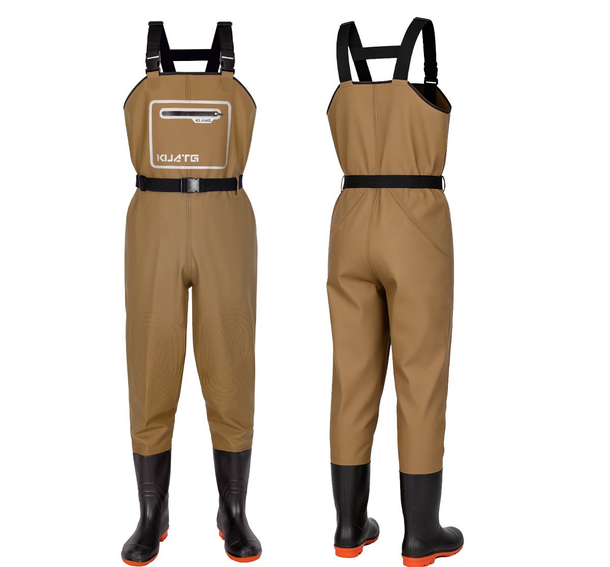 Kwavel PVC chest waders with reflective pocket, khaki waterproof fishing waders