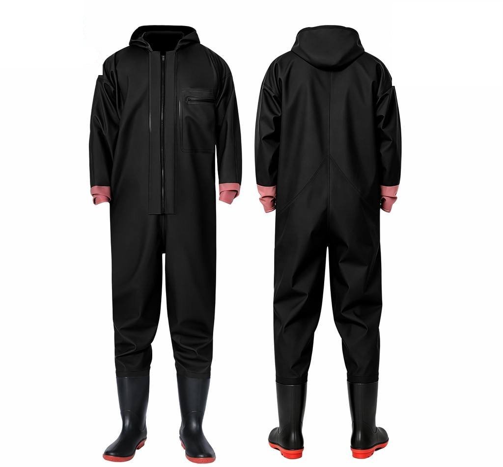 Kwavel PVC full body waders in black with elastic tight cuffs