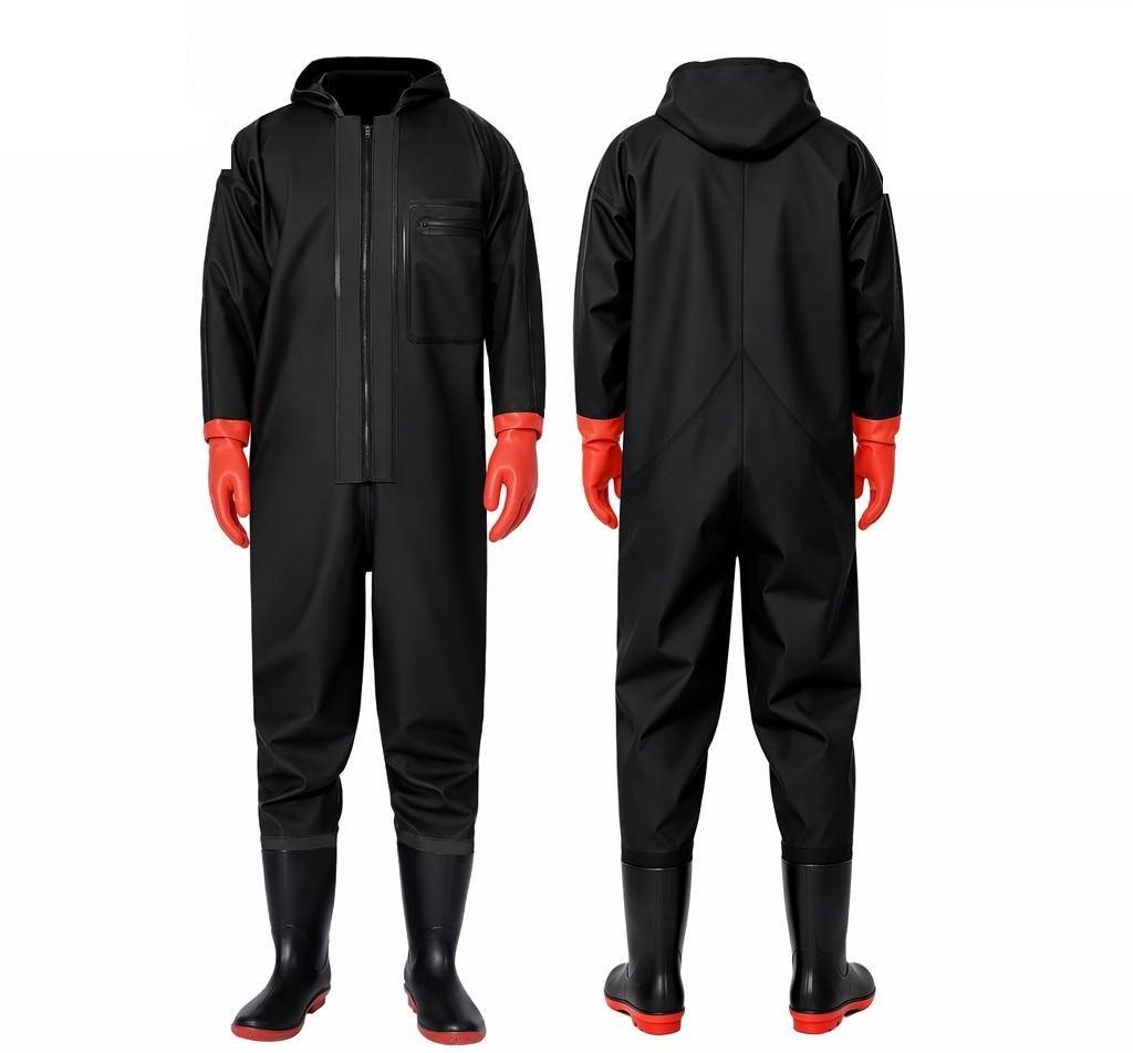 Kwavel PVC full body waders in black with integrated waterproof gloves