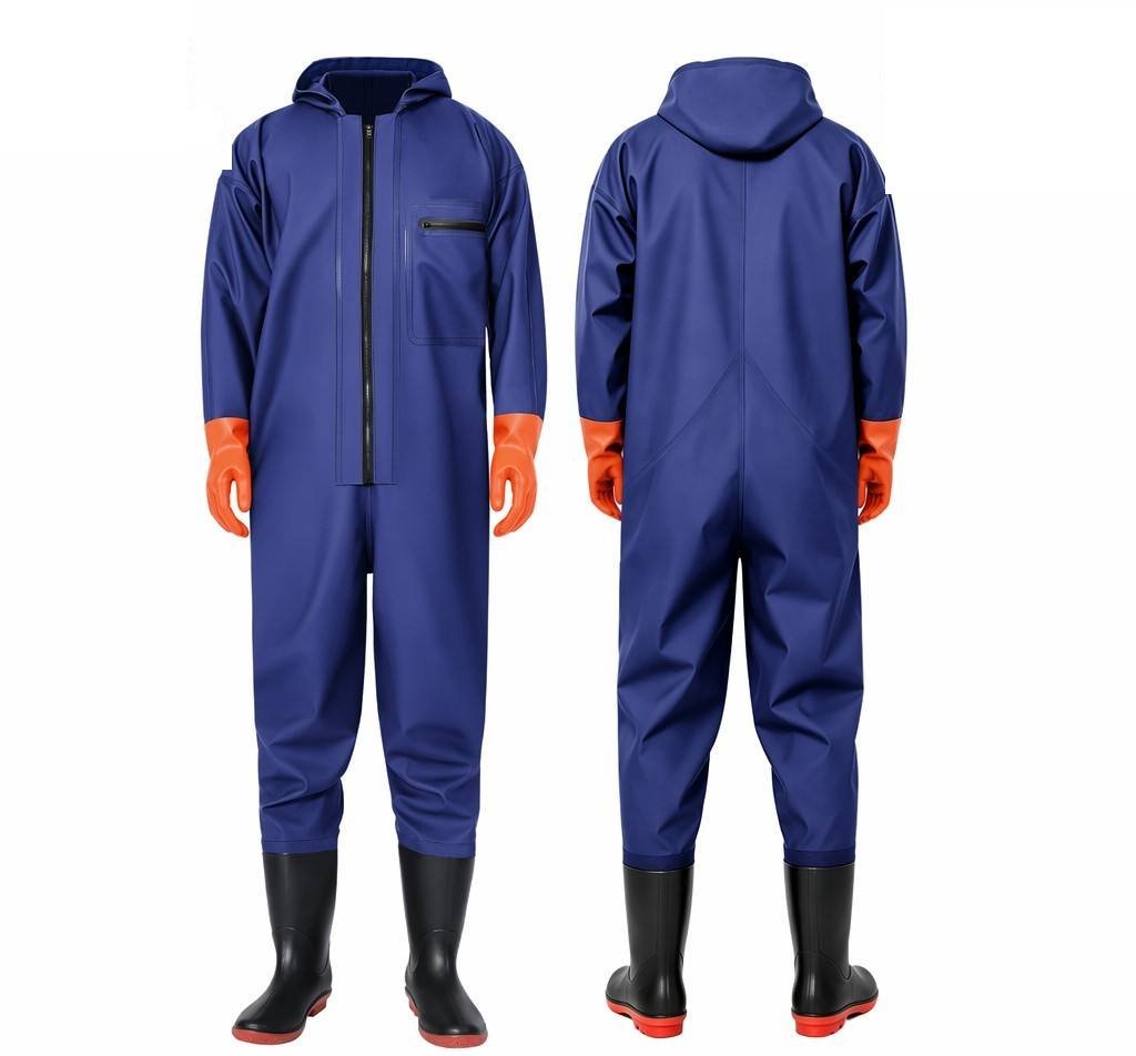 Kwavel PVC full body waders in blue with integrated waterproof gloves
