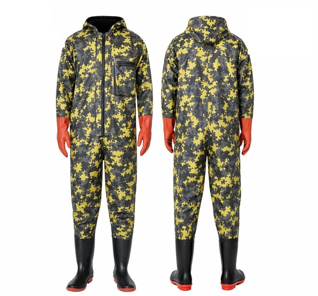 Kwavel camo PVC full body waders with integrated waterproof gloves