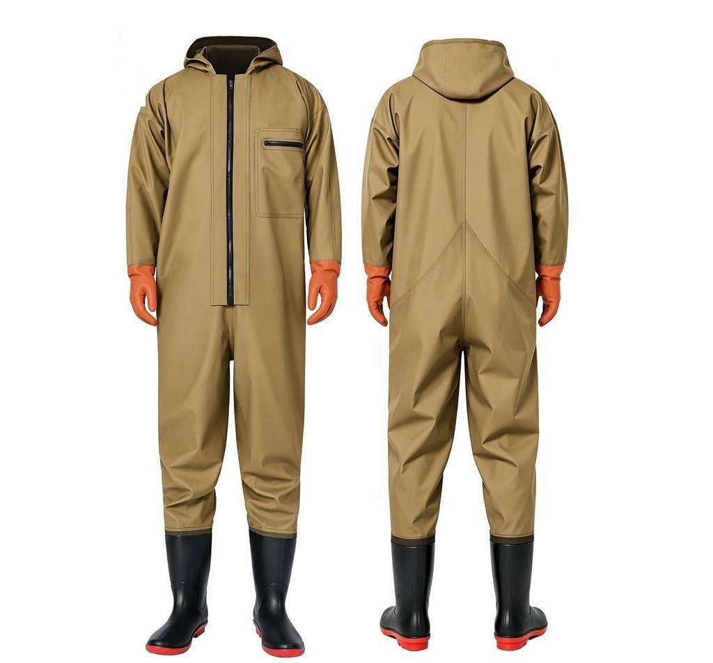 Kwavel heavy duty PVC full body waders in yellow with integrated waterproof gloves