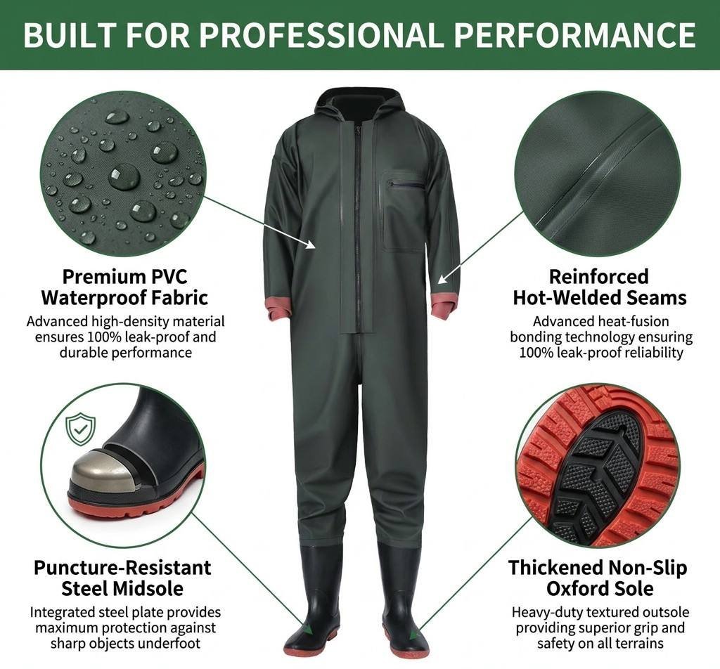 Kwavel PVC waders craftsmanship: hot-welded seams, puncture-resistant steel midsole, non-slip oxford sole