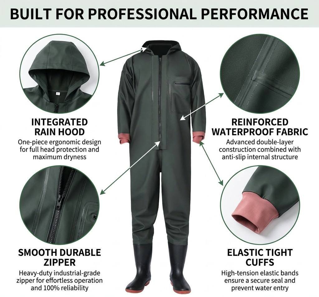 Kwavel full body PVC waders features: integrated rain hood, durable zipper, elastic tight cuffs, reinforced waterproof fabric