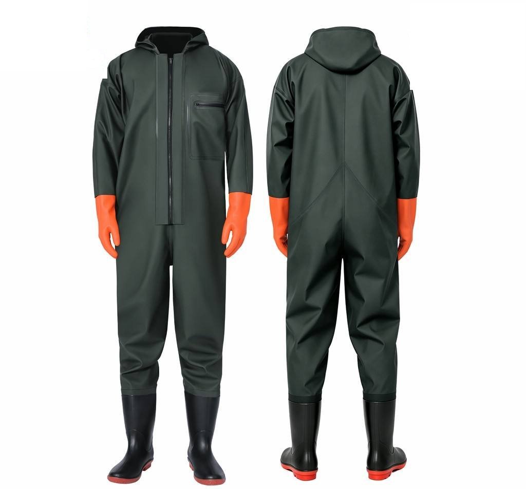 Kwavel PVC full body waders with integrated waterproof gloves and hood, olive green