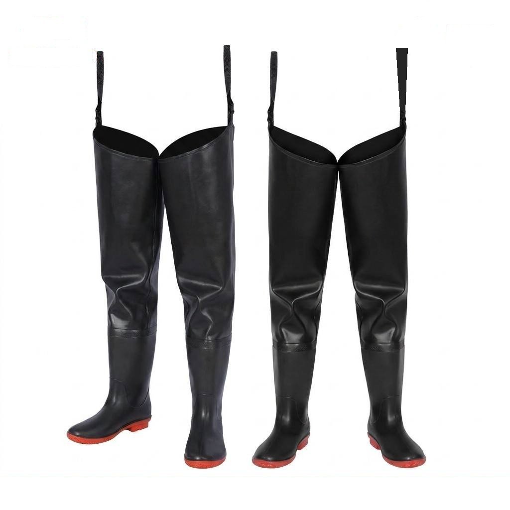 Kwavel PVC hip waders in black cow-grain texture, 0.65mm, front and back view