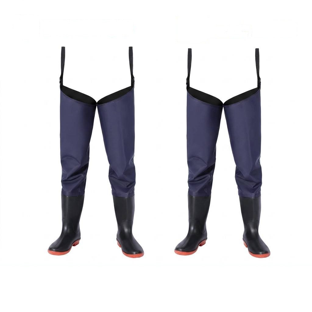 Kwavel PVC hip waders in blue, 0.6mm, front and back view