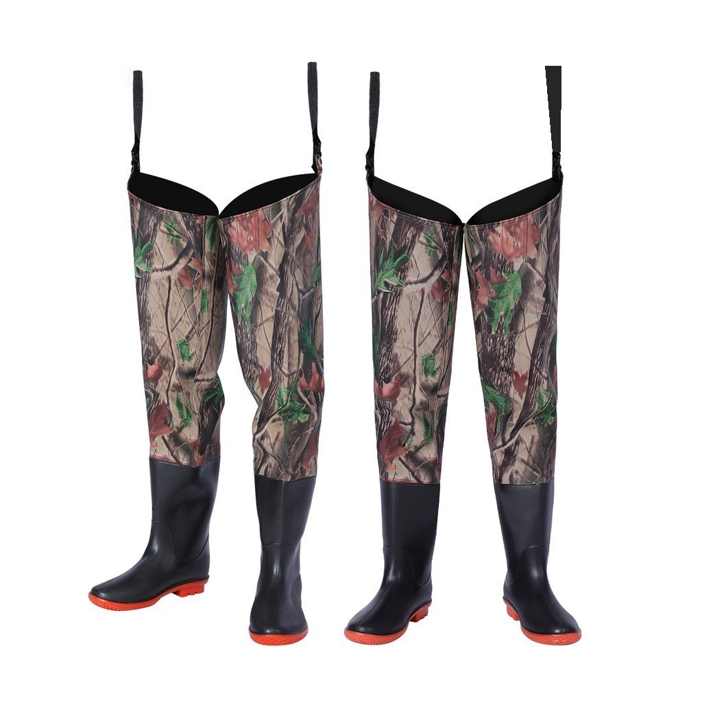 Kwavel camo fleece-lined PVC hip waders, 0.8mm, front and back view