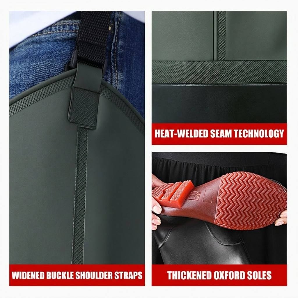 PVC hip waders details: widened buckle shoulder straps, heat-welded seams, thickened oxford soles