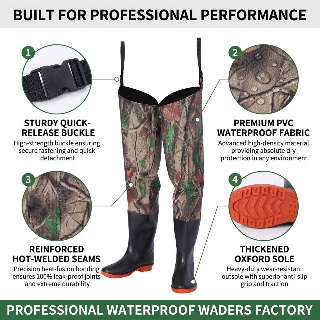 PVC hip waders features: quick-release buckle, waterproof fabric, reinforced hot-welded seams, oxford sole