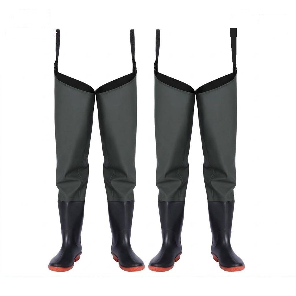 Kwavel PVC hip waders in green with quick-release buckle straps, front and back view