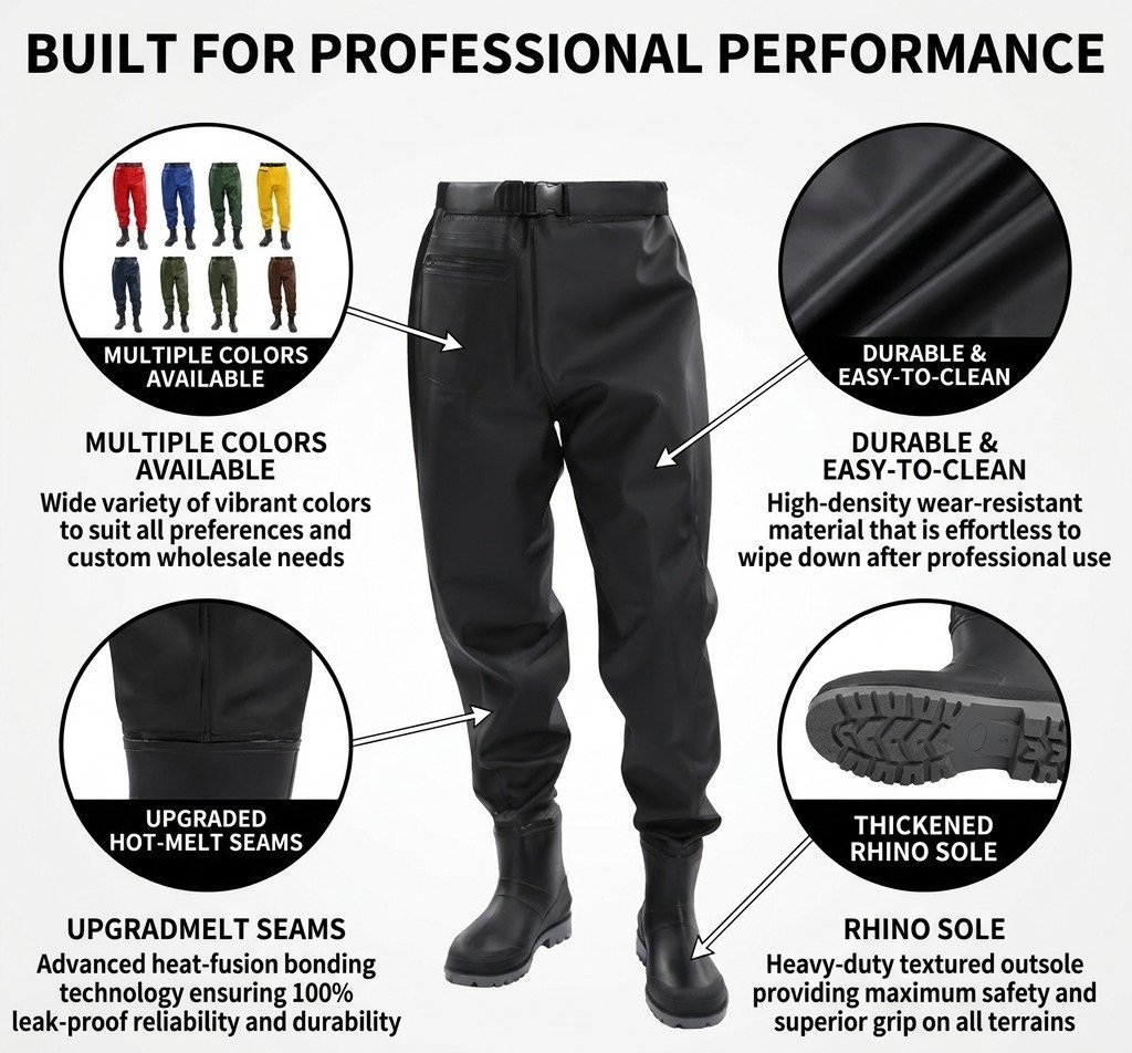 Kwavel PVC waist waders craftsmanship: multiple colors, hot-melt seams, durable easy-to-clean material, rhino sole