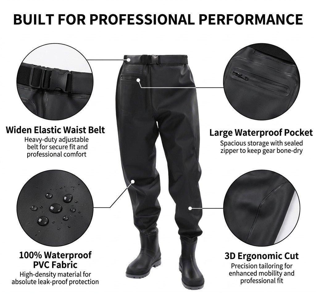 Kwavel PVC waist waders features: widen elastic waist belt, waterproof zipper pocket, 100% waterproof PVC fabric, 3D ergonomic cut