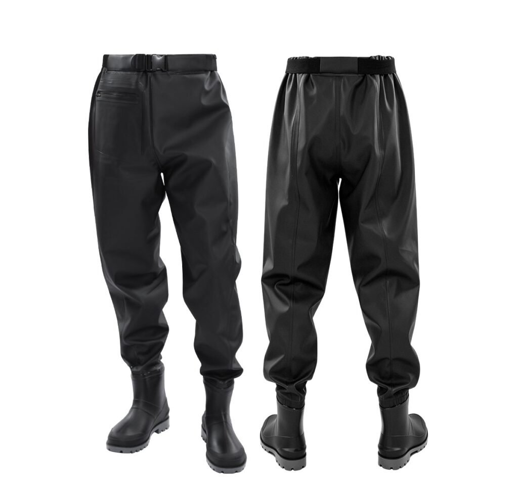 Kwavel PVC waist waders with adjustable elastic belt and waterproof zipper pocket, black hip waders for fishing and farm work