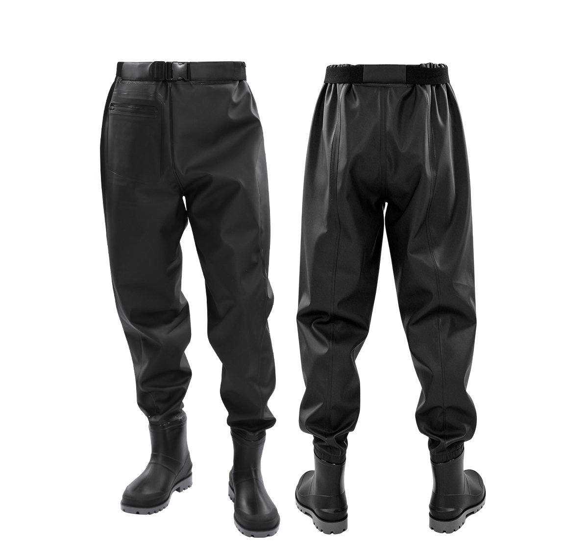 Kwavel PVC waist waders with adjustable elastic belt and waterproof zipper pocket, black hip waders for fishing and farm work