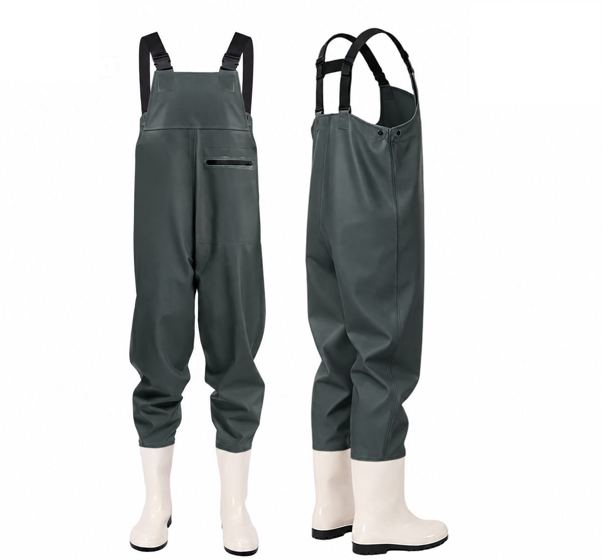 Kwavel women's PVC chest waders in olive green with white high-top boots