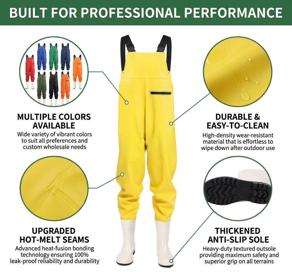 Kwavel women's chest waders craftsmanship: multiple colors, hot-melt seams, thickened anti-slip sole