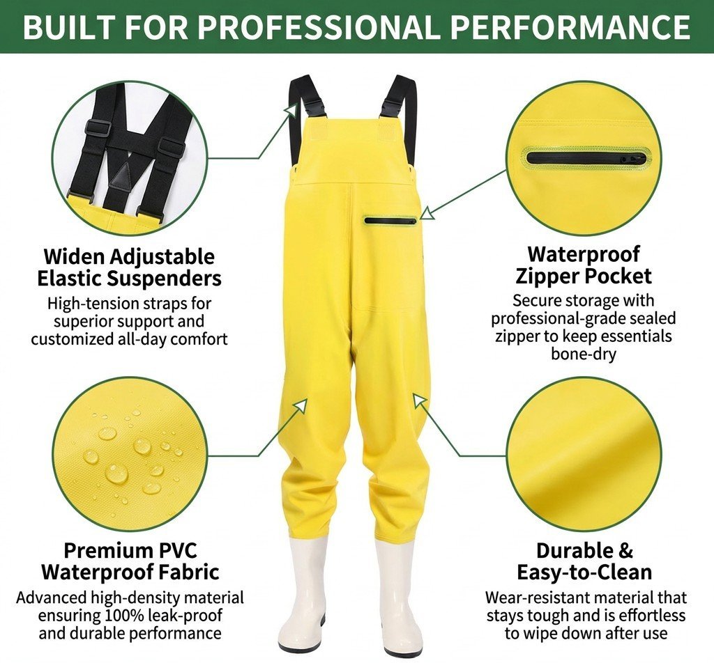 Kwavel women's chest waders features: adjustable elastic suspenders, waterproof zipper pocket, PVC waterproof fabric, easy to clean