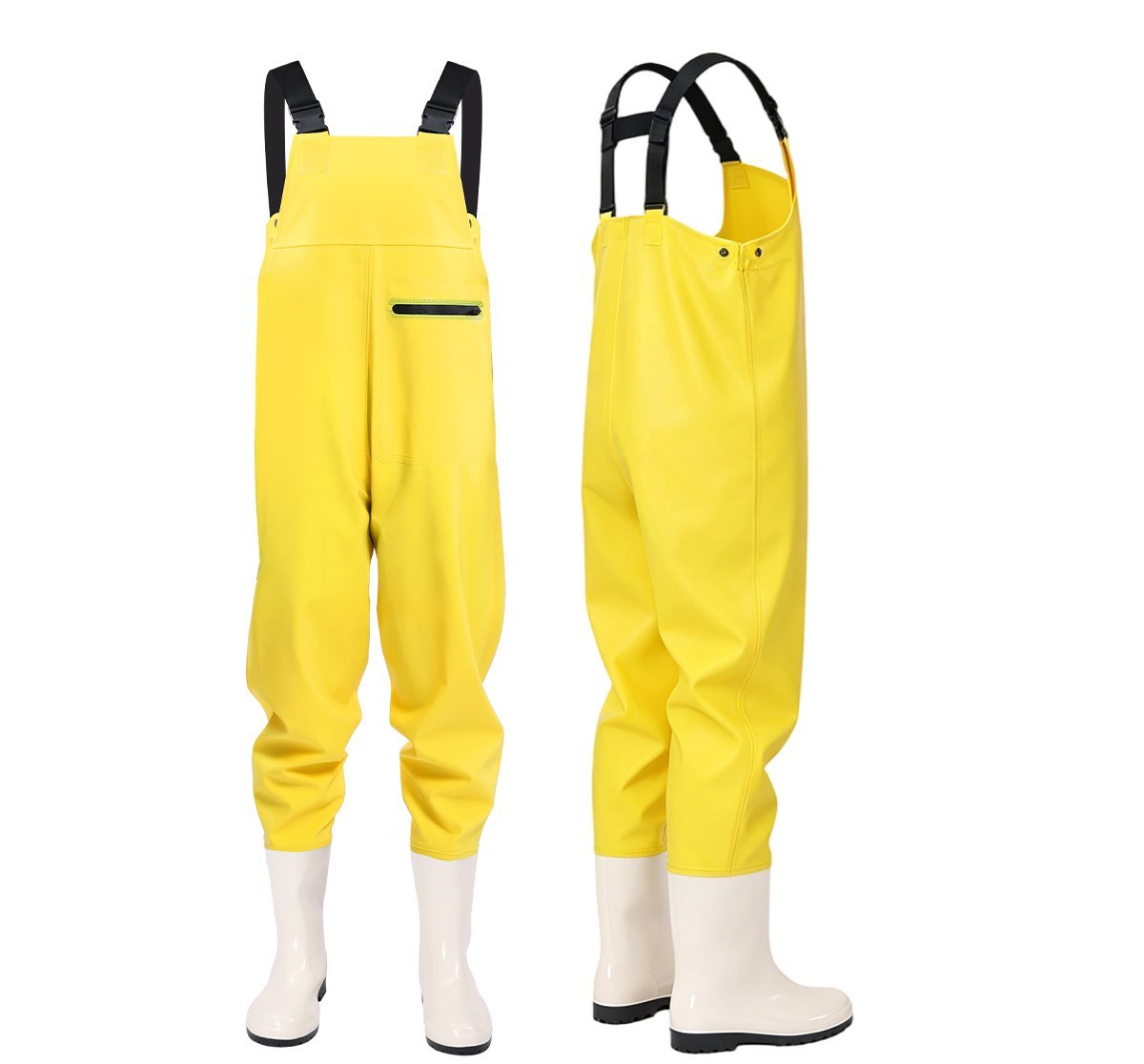 Kwavel women's PVC chest waders with waterproof zipper pocket, yellow waterproof waders for female anglers