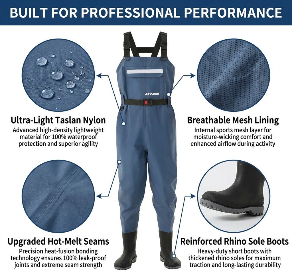 Kwavel taslan chest waders craftsmanship: breathable mesh lining, hot-melt seams, reinforced rhino sole boots