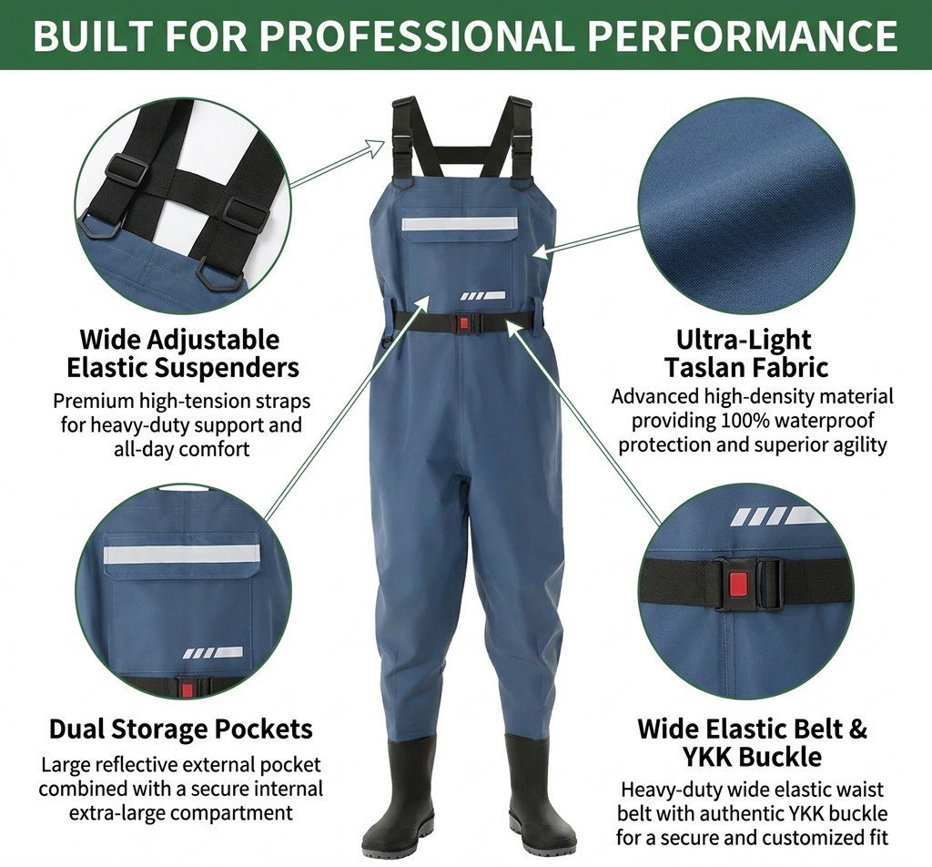 Kwavel taslan chest waders features: adjustable suspenders, dual storage pockets, YKK buckle belt, Taslan fabric