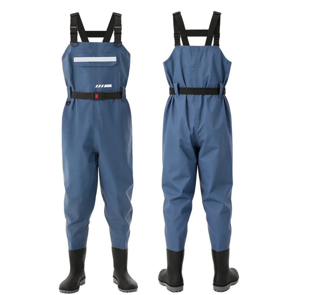 Kwavel taslan chest waders in navy blue with breathable mesh lining, waterproof fishing waders for men, front and back view