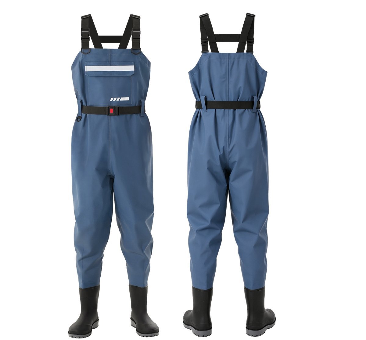 Kwavel taslan chest waders in navy blue with breathable mesh lining, waterproof fishing waders for men, front and back view