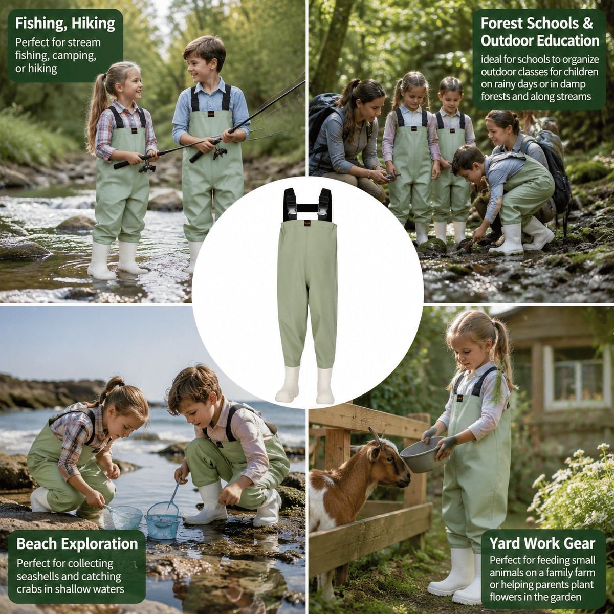 Kwavel kids waders for fishing, hiking, forest schools, beach exploration and yard work