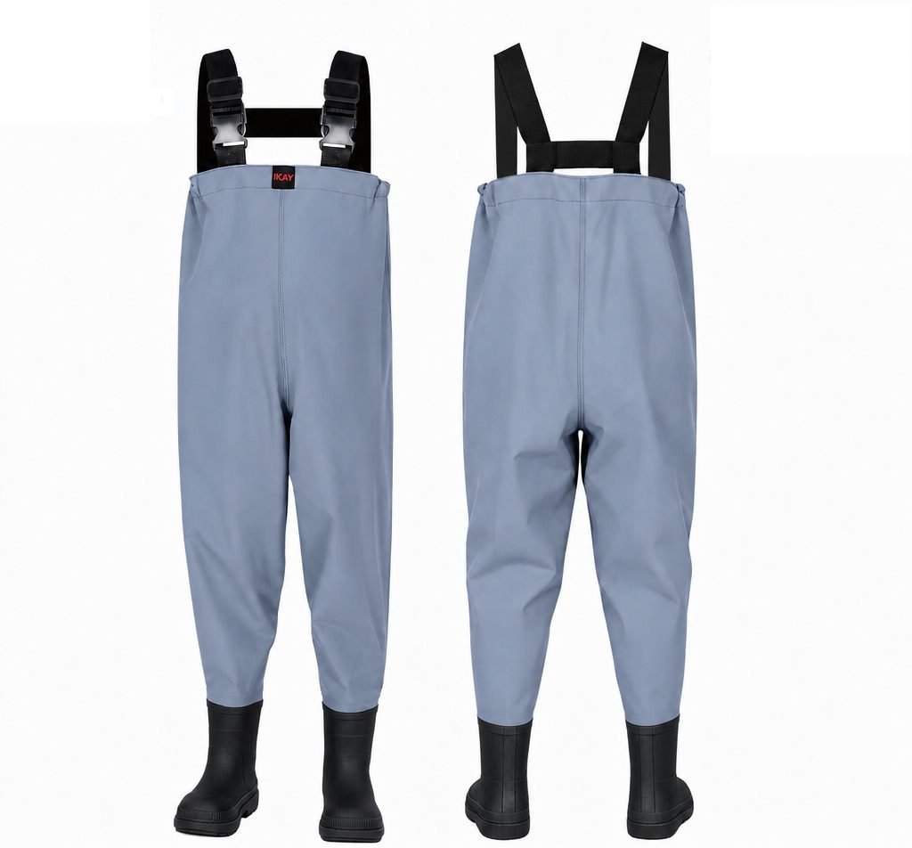 Kwavel kids taslan chest waders in grey blue with black boots