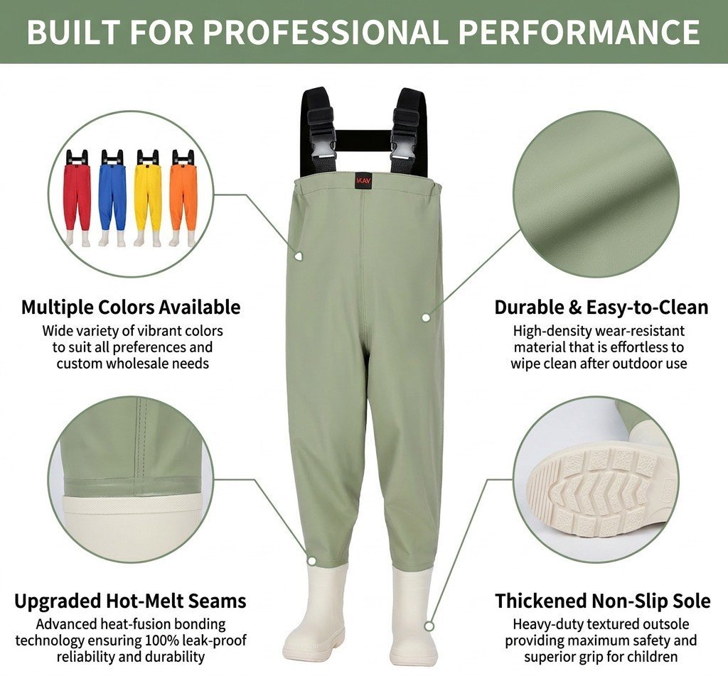 Kwavel kids taslan chest waders craftsmanship: multiple colors, hot-melt seams, thickened non-slip sole