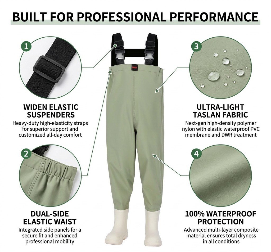 Kwavel kids taslan chest waders features: elastic suspenders, side waist panels, ultra-light Taslan fabric, waterproof