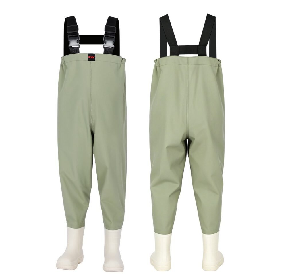 Kwavel kids taslan chest waders in sage green, lightweight waterproof waders with boots for children